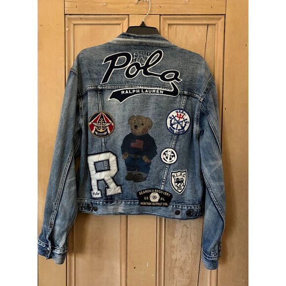 Polo Ralph Lauren Womens Bear Capsule Patches Denim Jacket Sz. Large Blue AN EXC - Picture 2 of 12